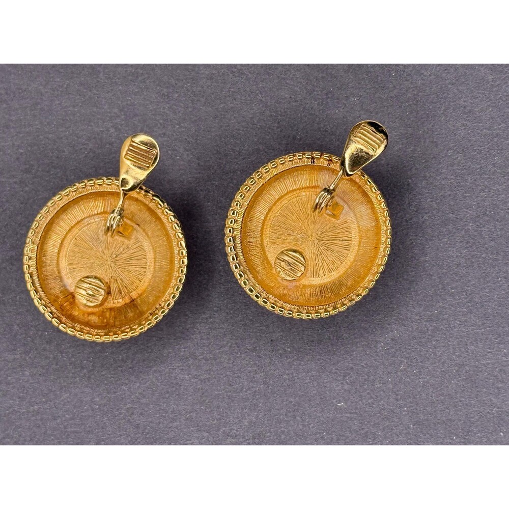 Vintage Monet Gold Cabochon Clip Earrings Textured Statement 80s 90s Designer - Picture 8 of 10